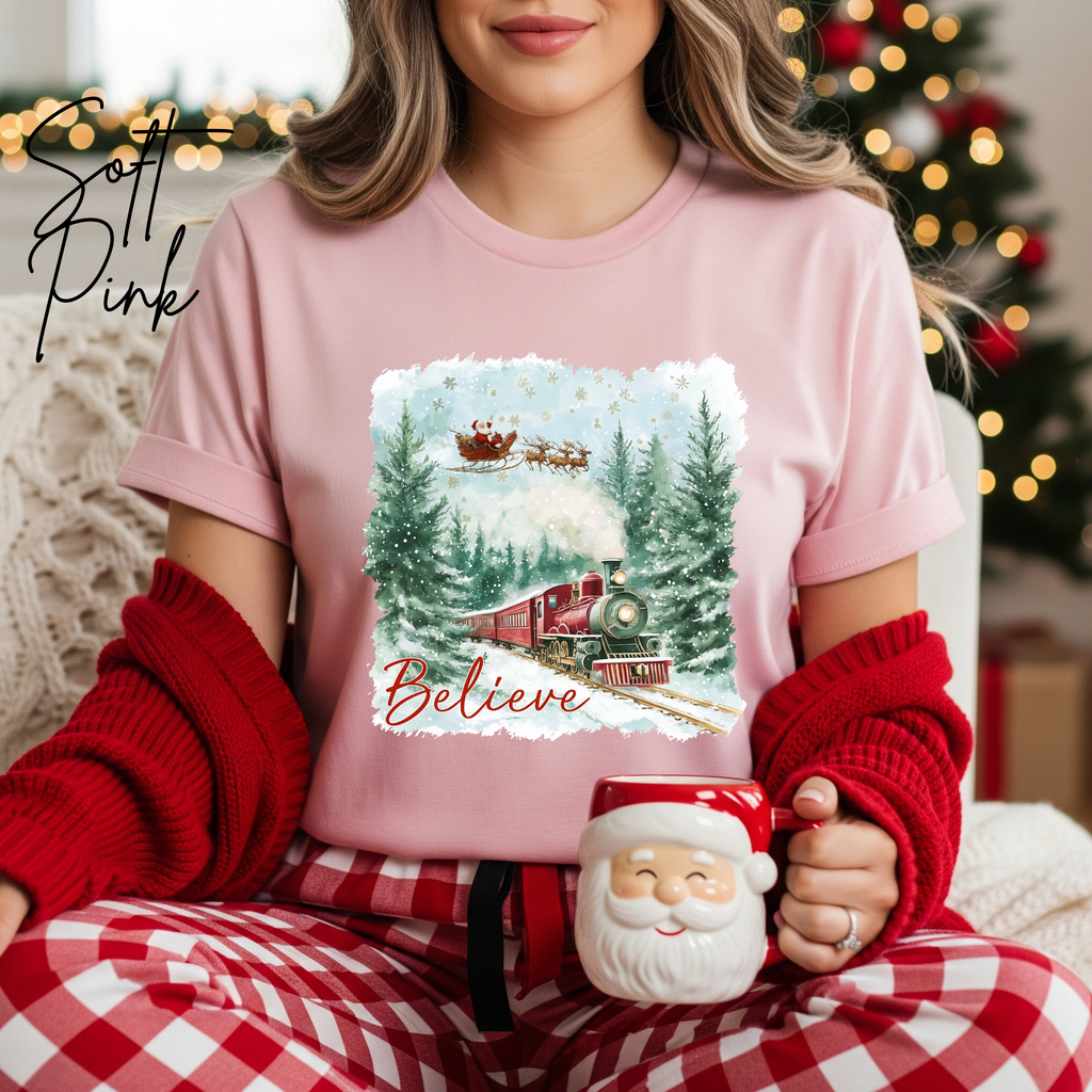 Women’s “Believe” Christmas T-Shirt | Polar Express & Santa Sleigh Holiday Bella Canvas 3001 Tshirt