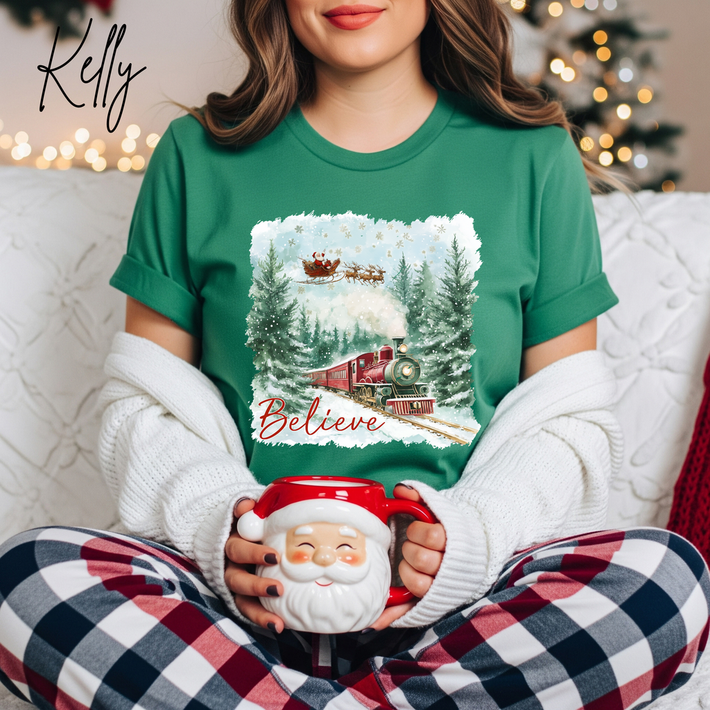 Women’s “Believe” Christmas T-Shirt | Polar Express & Santa Sleigh Holiday Bella Canvas 3001 Tshirt