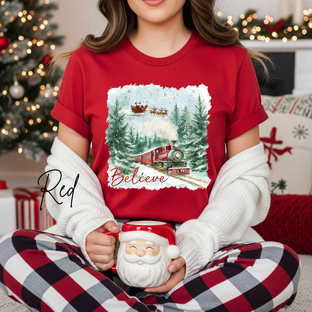 Women’s “Believe” Christmas T-Shirt | Polar Express & Santa Sleigh Holiday Bella Canvas 3001 Tshirt