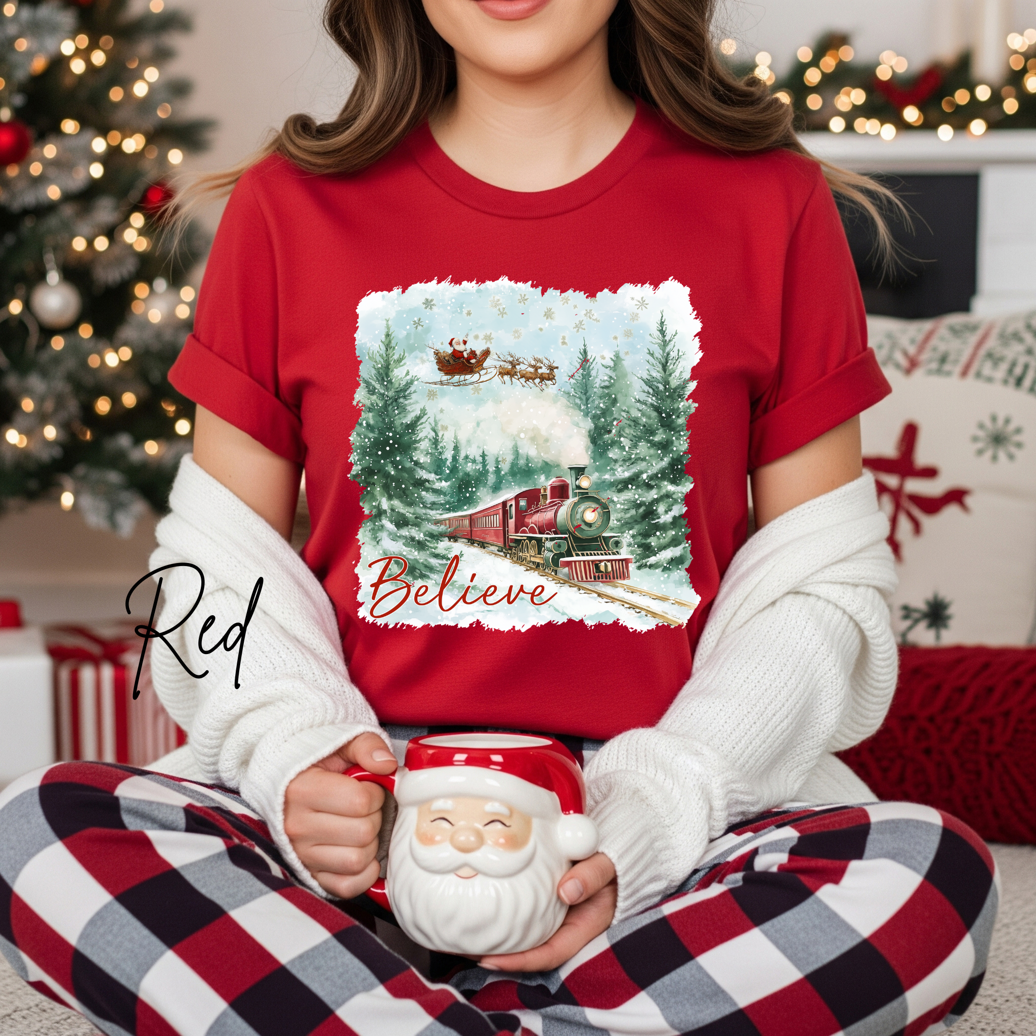 Women’s “Believe” Christmas T-Shirt | Polar Express & Santa Sleigh Holiday Bella Canvas 3001 Tshirt