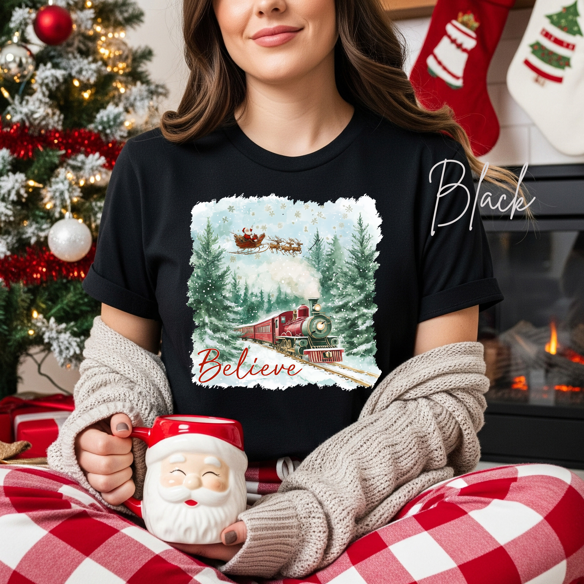 Women’s “Believe” Christmas T-Shirt | Polar Express & Santa Sleigh Holiday Bella Canvas 3001 Tshirt