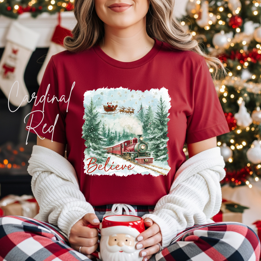 Women’s “Believe” Christmas T-Shirt | Polar Express & Santa Sleigh Holiday Bella Canvas 3001 Tshirt