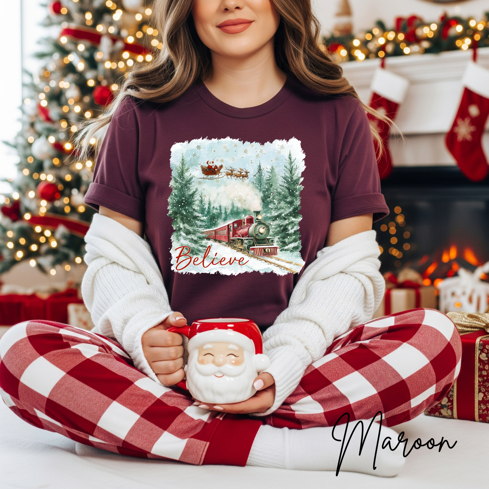 Women’s “Believe” Christmas T-Shirt | Polar Express & Santa Sleigh Holiday Bella Canvas 3001 Tshirt
