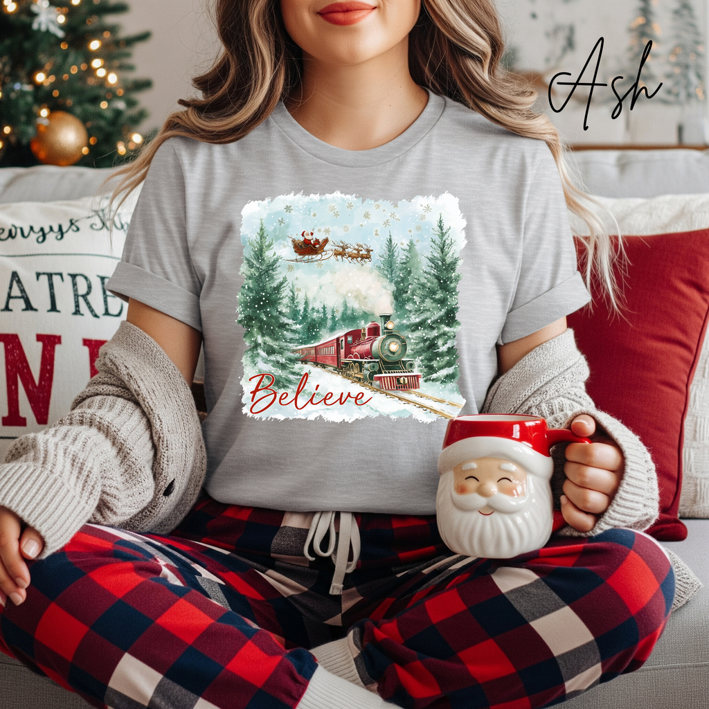 Women’s “Believe” Christmas T-Shirt | Polar Express & Santa Sleigh Holiday Bella Canvas 3001 Tshirt