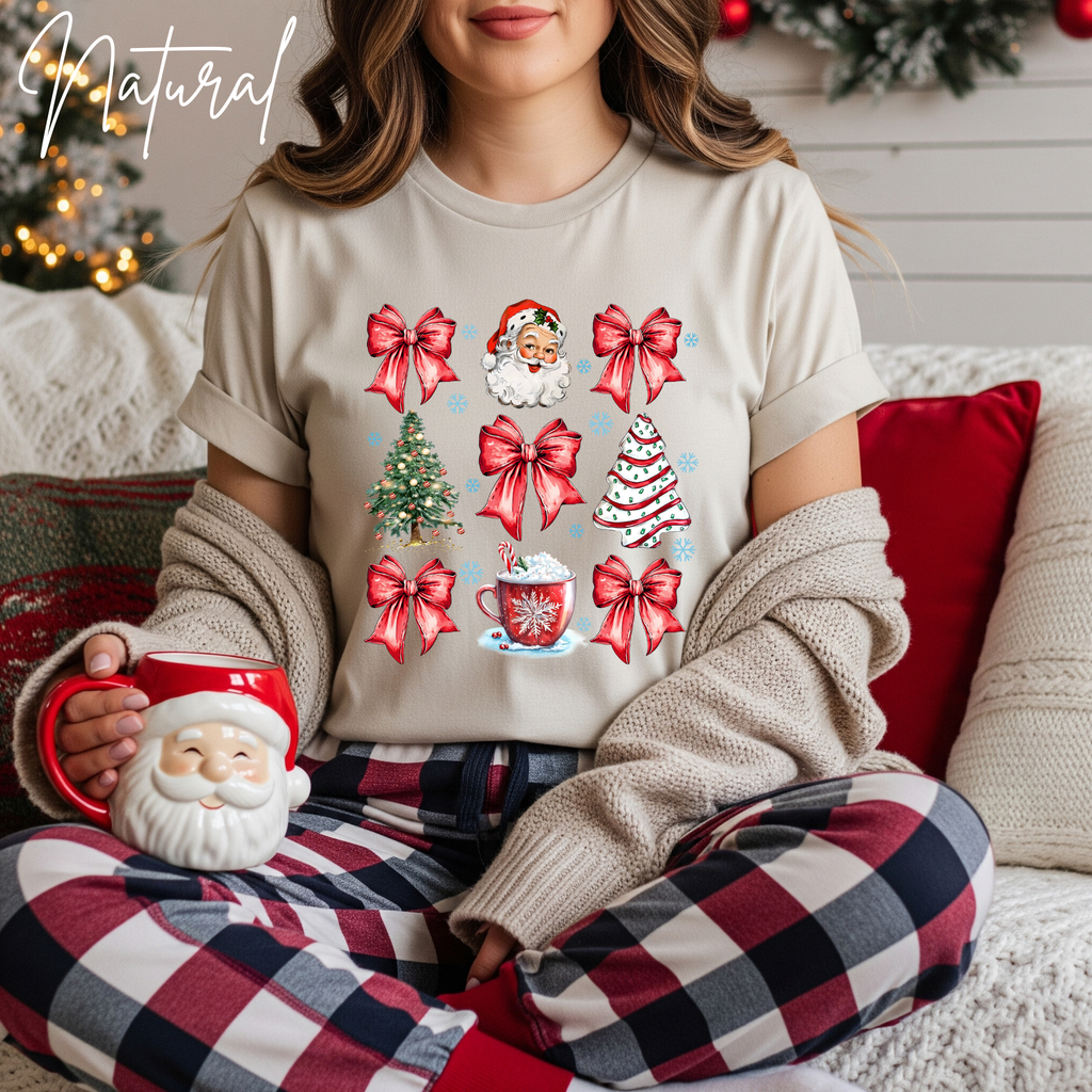Coquette Christmas Grid T-Shirt 🎄 | Bows, Santa & Trees Aesthetic Holiday Women's Bella Canvas 3001 Tshirt