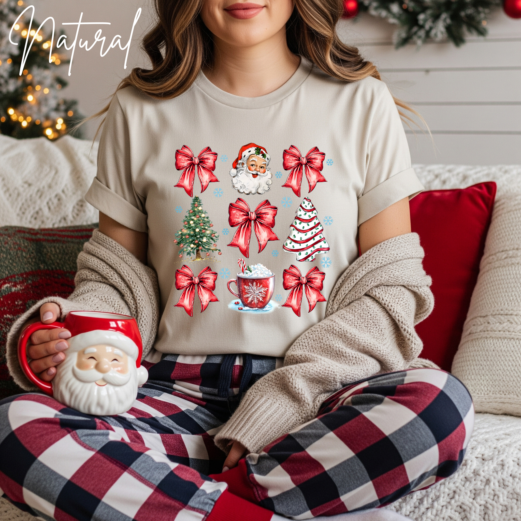 Coquette Christmas Grid T-Shirt 🎄 | Bows, Santa & Trees Aesthetic Holiday Women's Bella Canvas 3001 Tshirt