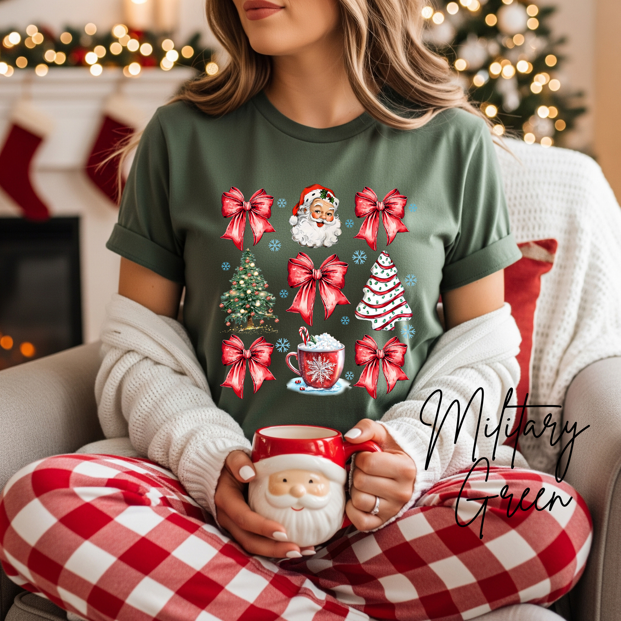 Coquette Christmas Grid T-Shirt 🎄 | Bows, Santa & Trees Aesthetic Holiday Women's Bella Canvas 3001 Tshirt