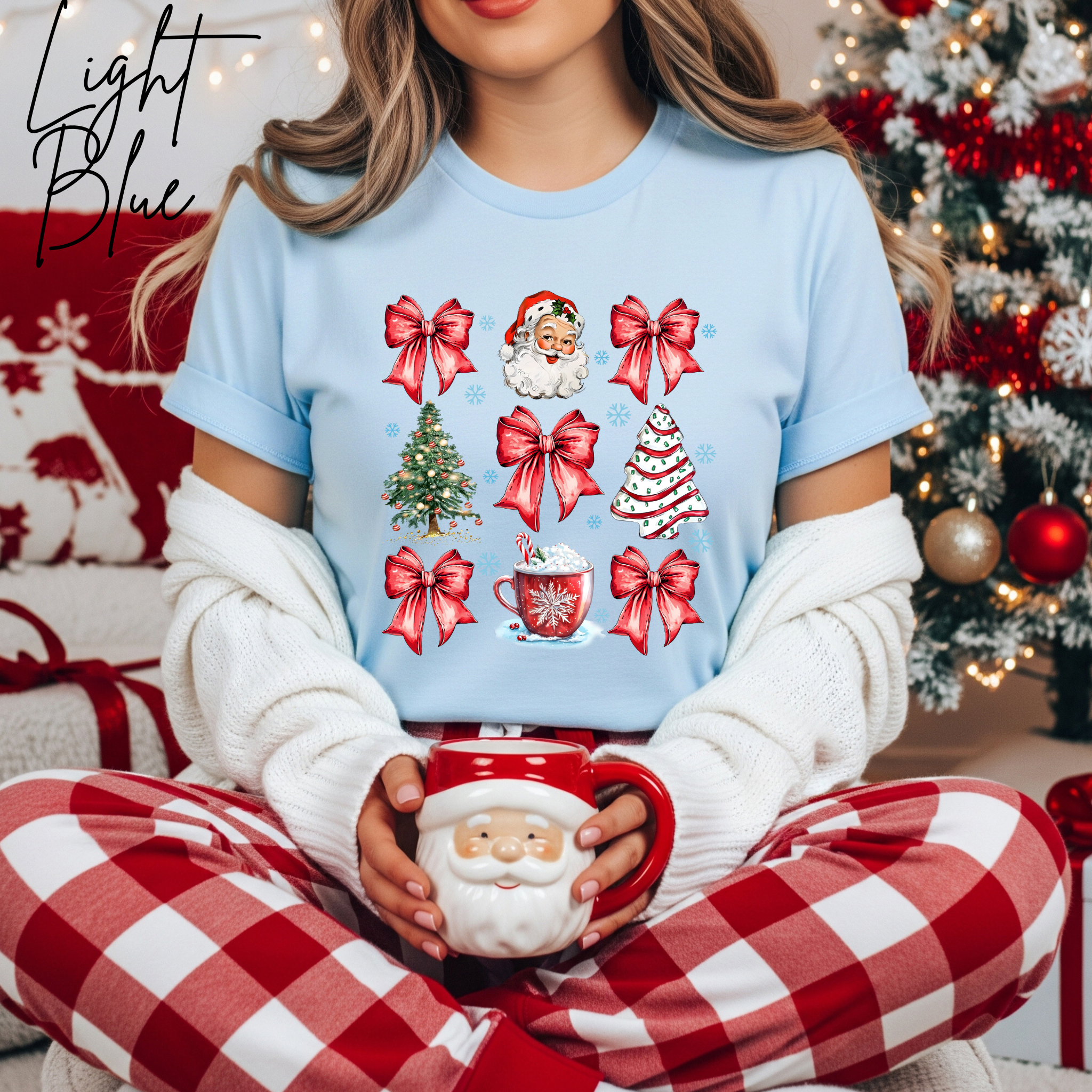 Coquette Christmas Grid T-Shirt 🎄 | Bows, Santa & Trees Aesthetic Holiday Women's Bella Canvas 3001 Tshirt