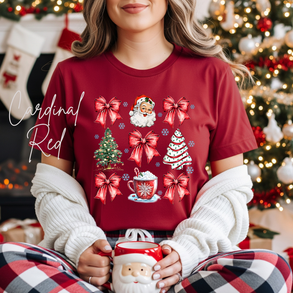 Coquette Christmas Grid T-Shirt 🎄 | Bows, Santa & Trees Aesthetic Holiday Women's Bella Canvas 3001 Tshirt