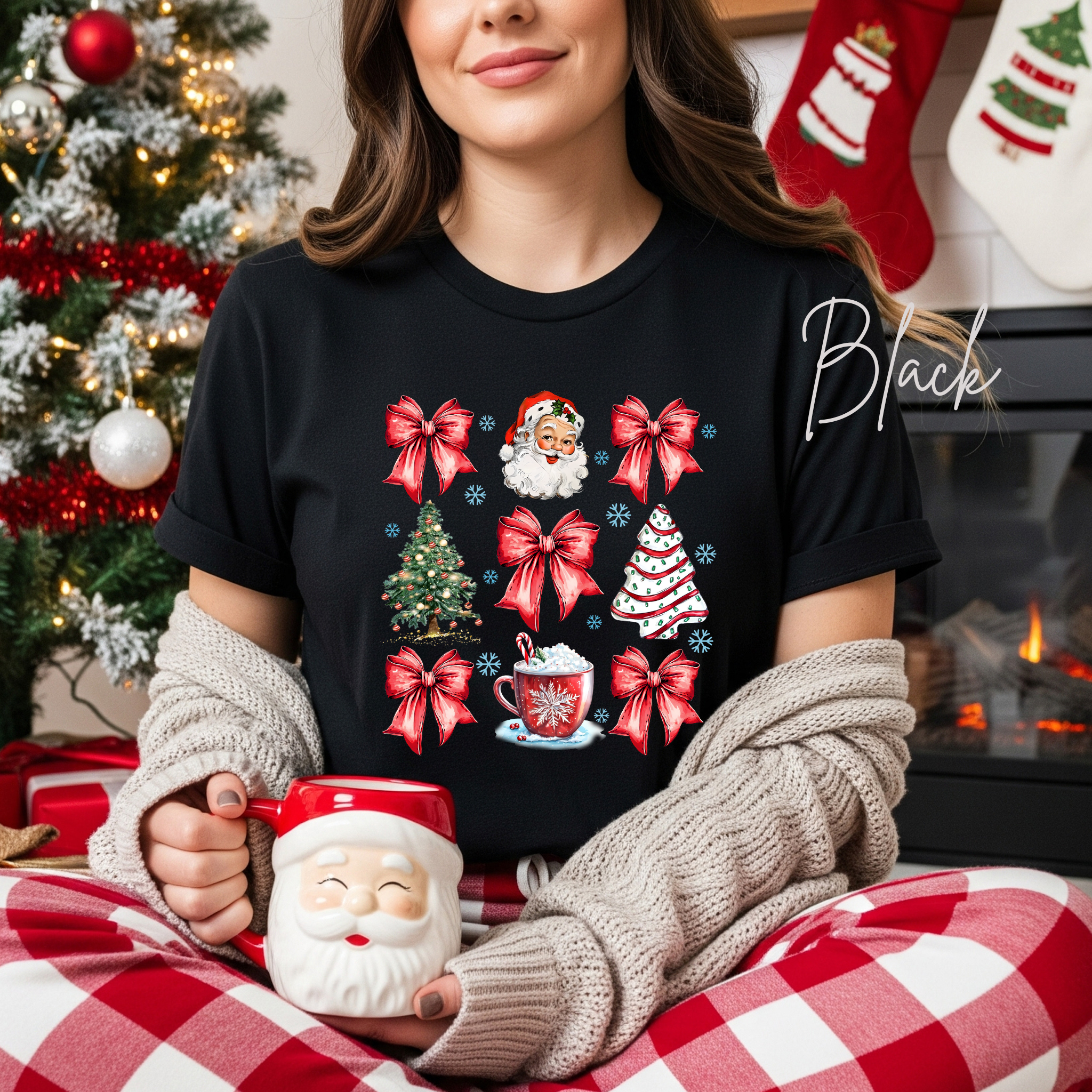 Coquette Christmas Grid T-Shirt 🎄 | Bows, Santa & Trees Aesthetic Holiday Women's Bella Canvas 3001 Tshirt