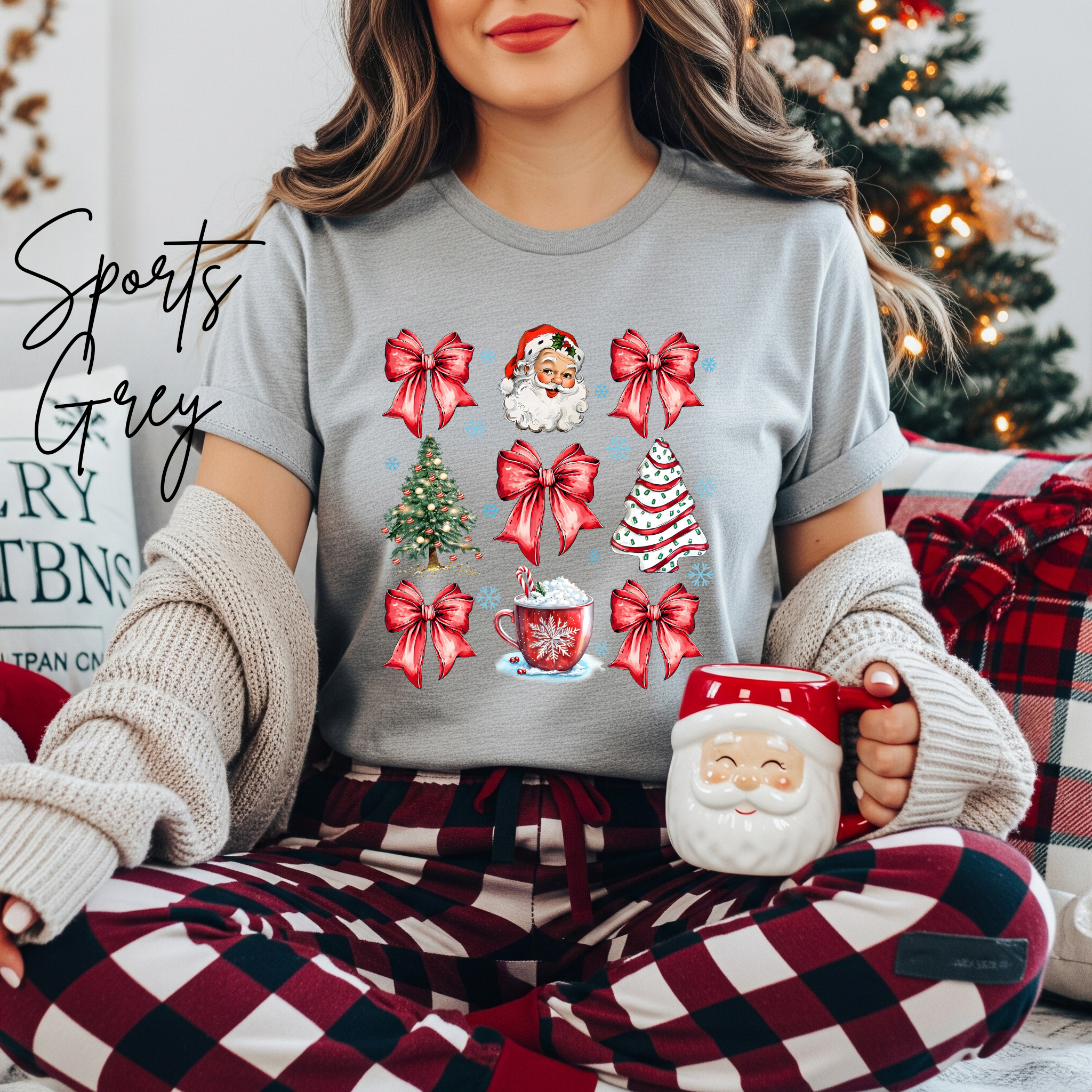 Coquette Christmas Grid T-Shirt 🎄 | Bows, Santa & Trees Aesthetic Holiday Women's Bella Canvas 3001 Tshirt