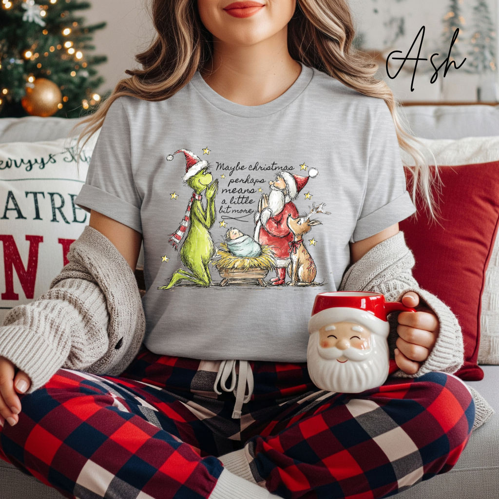 🦌🎄 Maybe Christmas Perhaps Means a Little Bit More T-Shirt 🎄✨ | Grinch Nativity Scene Tee | Funny Christmas Jesus Shirt | Holiday Graphic Tee