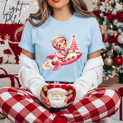💖🚀🌸Vintage Space Girl Christmas Tee – Bella + Canvas 3001 | Retro Rocket Holiday Cutie T-Shirt 💖🚀🌸