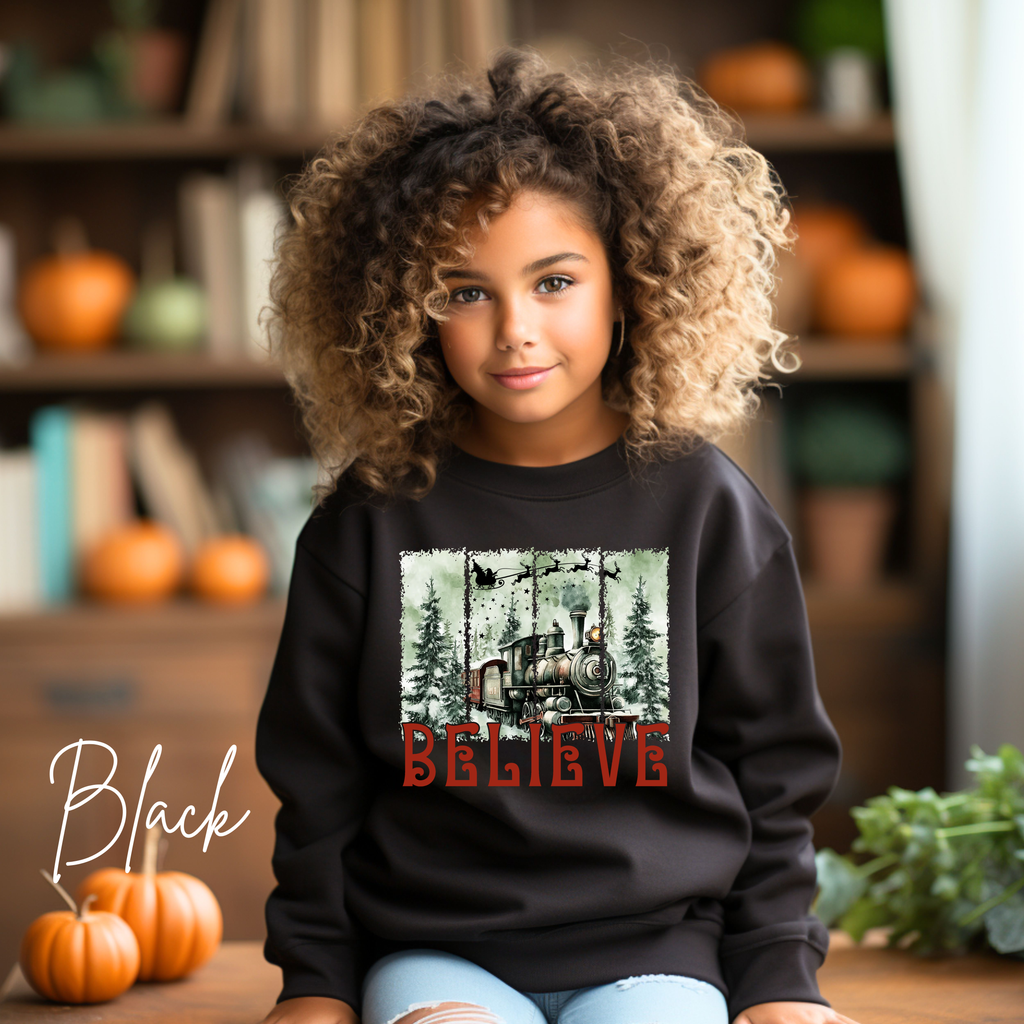 Believe Kids Christmas Sweatshirt | Magical Polar Express Holiday Pullover Gildan 18000B Sweatshirt