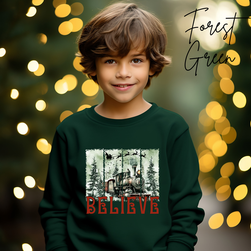Believe Kids Christmas Sweatshirt | Magical Polar Express Holiday Pullover Gildan 18000B Sweatshirt