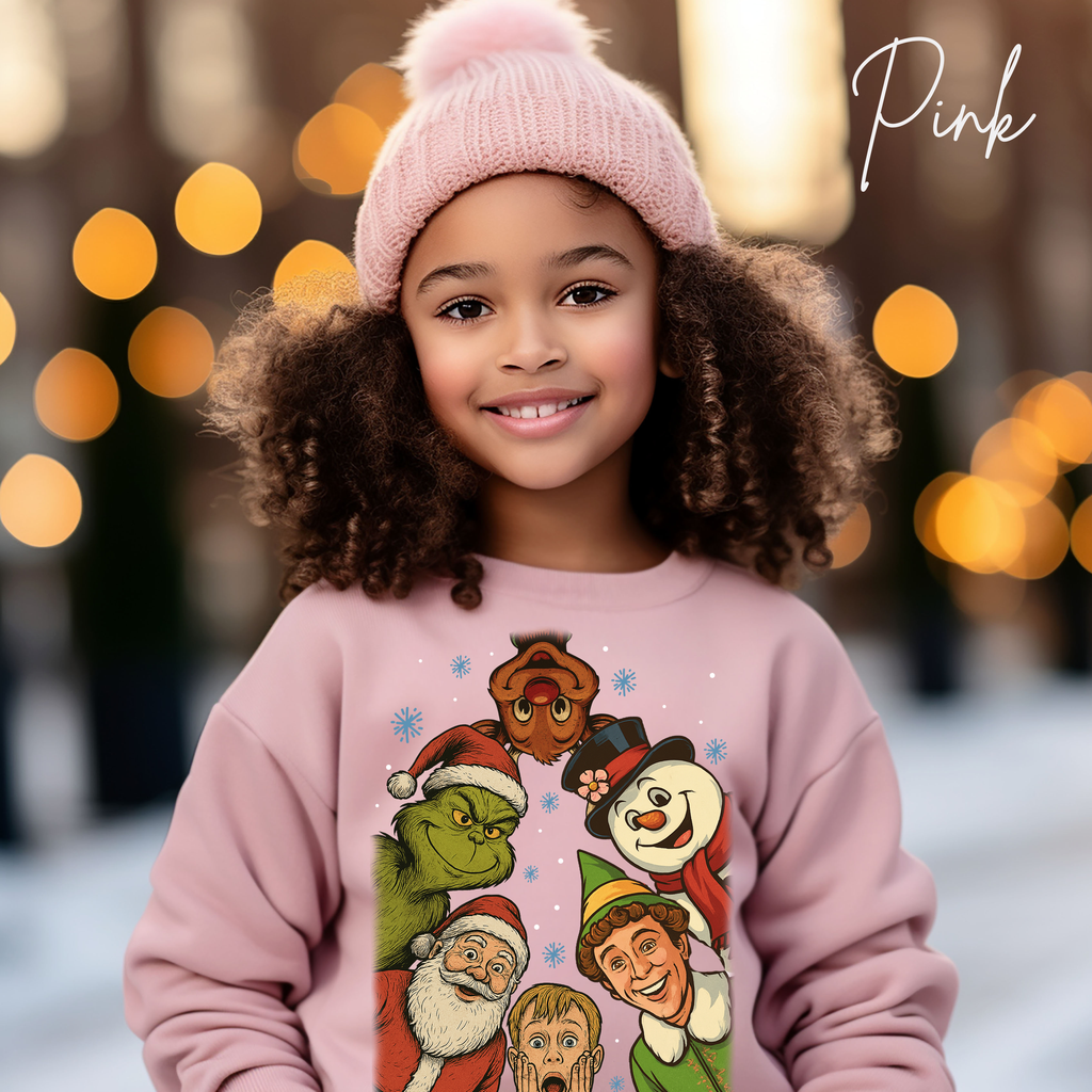 Holiday Movie Characters Kids Sweatshirt | Rudolph, Frosty, Kevin, Buddy, Santa & Grinch Gildan 18000B Sweatshirt