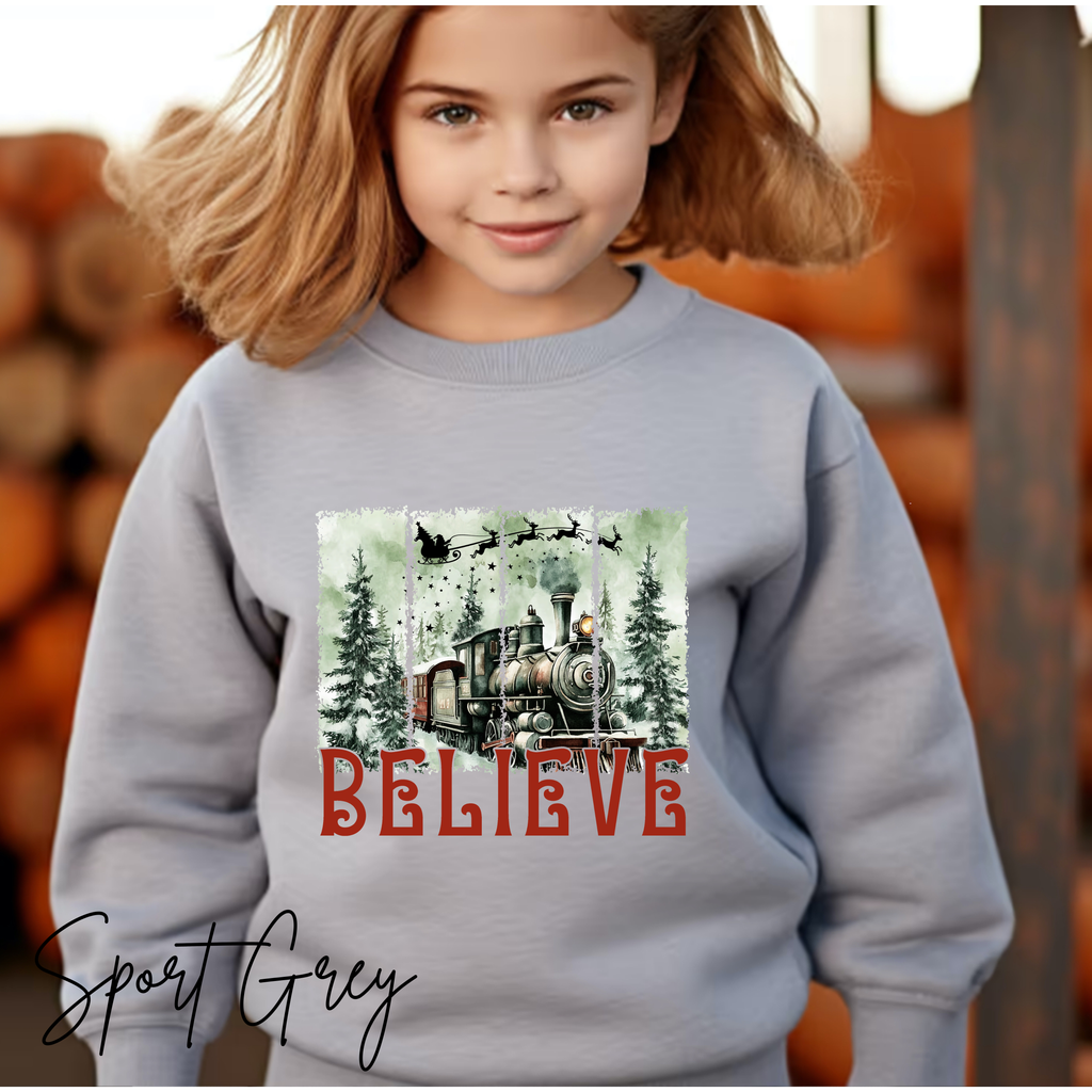 Believe Kids Christmas Sweatshirt | Magical Polar Express Holiday Pullover Gildan 18000B Sweatshirt
