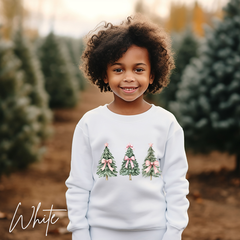 Cute Kids Christmas Sweatshirt | Christmas Tree with Coquette Bows Gildan 18000B Sweatshirt