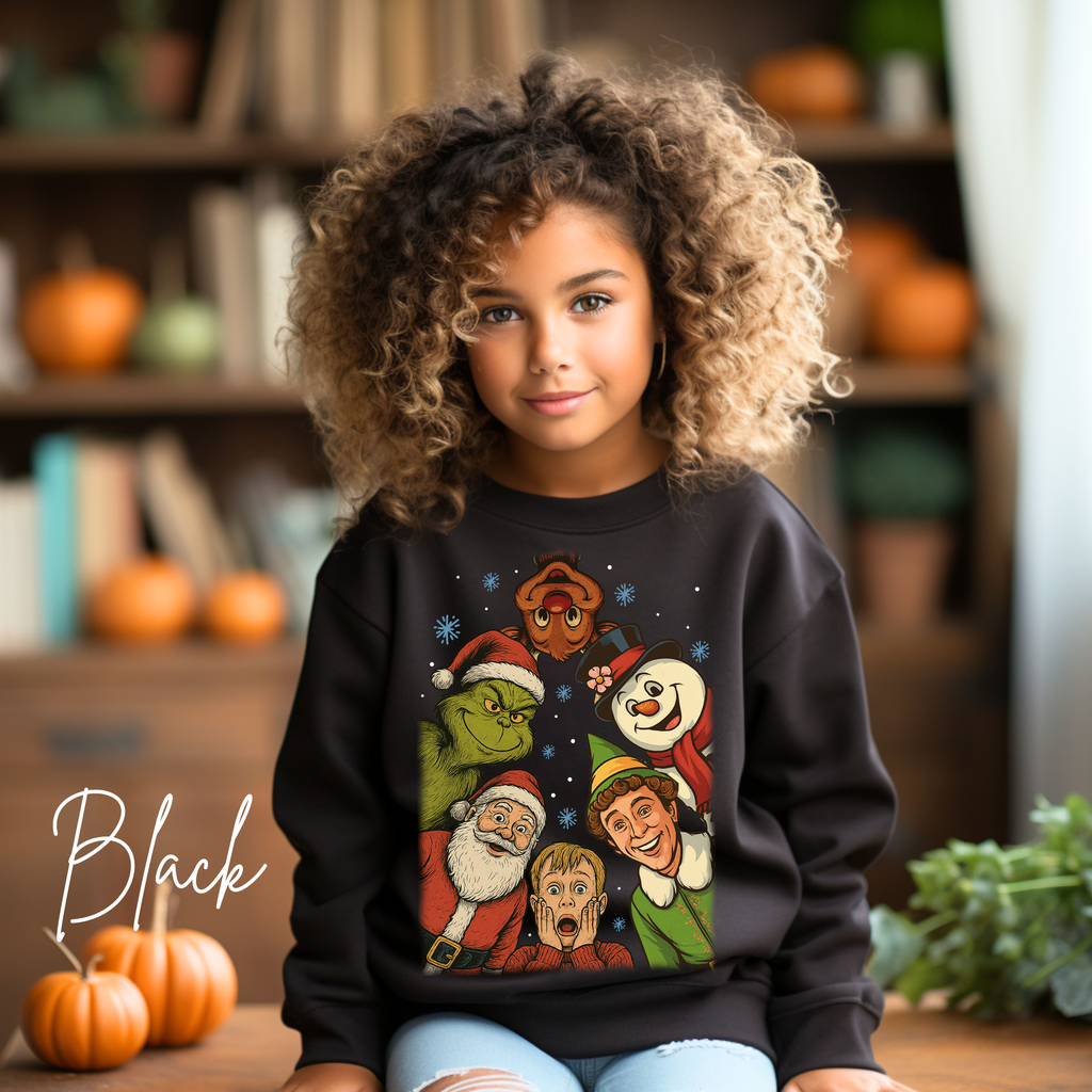 Holiday Movie Characters Kids Sweatshirt | Rudolph, Frosty, Kevin, Buddy, Santa & Grinch Gildan 18000B Sweatshirt
