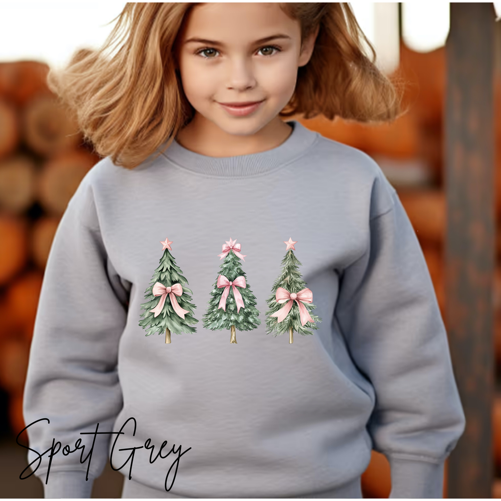 Cute Kids Christmas Sweatshirt | Christmas Tree with Coquette Bows Gildan 18000B Sweatshirt