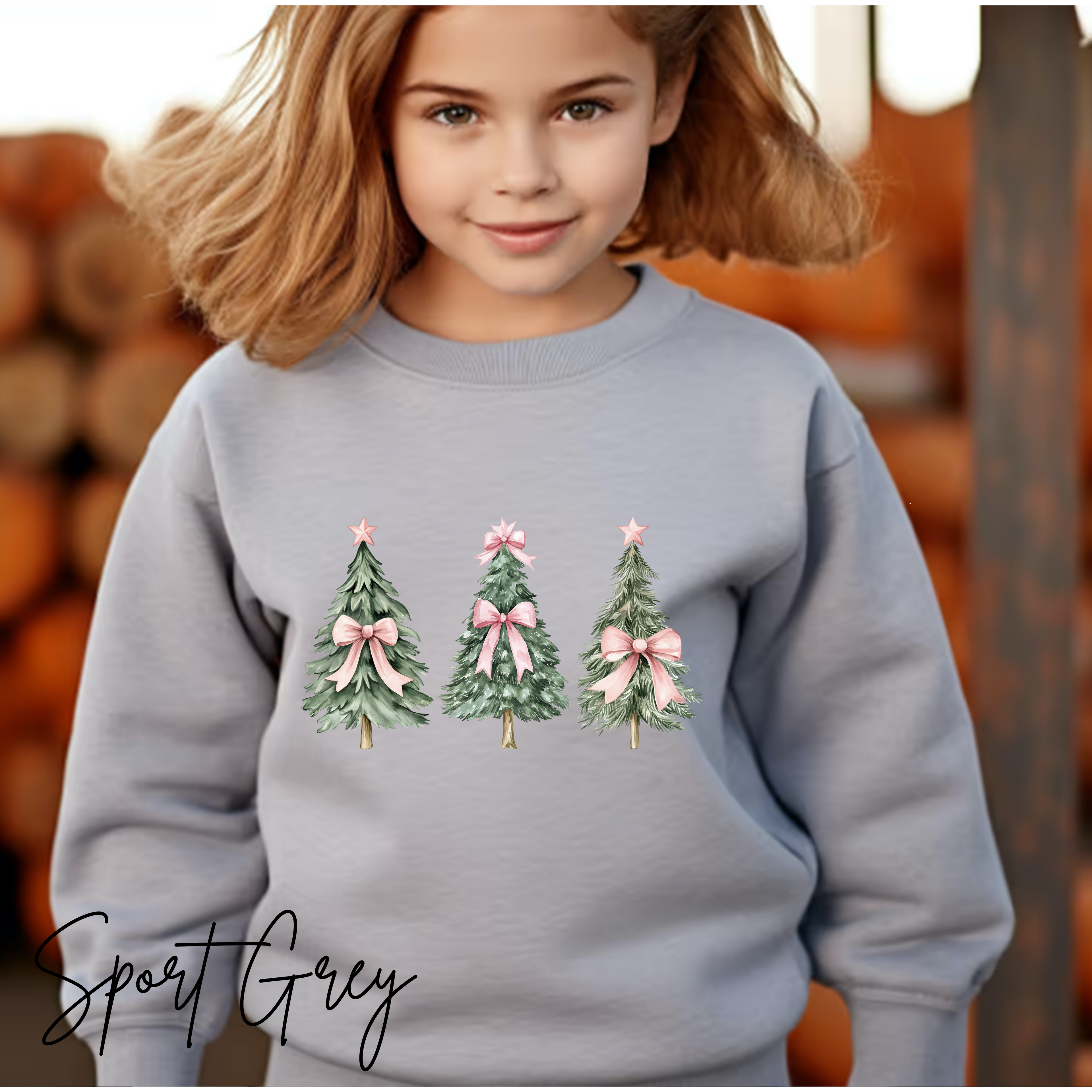 Cute Kids Christmas Sweatshirt | Christmas Tree with Coquette Bows Gildan 18000B Sweatshirt