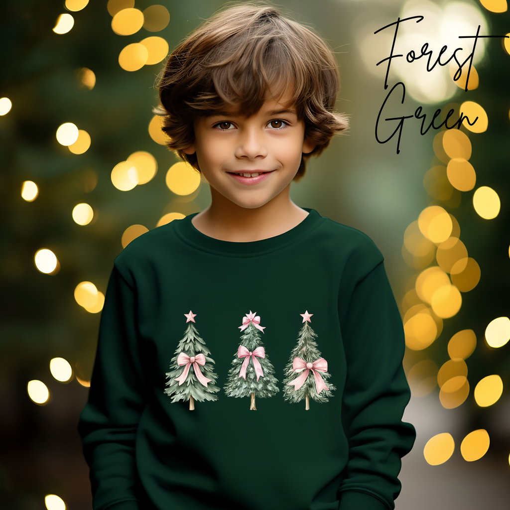 Cute Kids Christmas Sweatshirt | Christmas Tree with Coquette Bows Gildan 18000B Sweatshirt