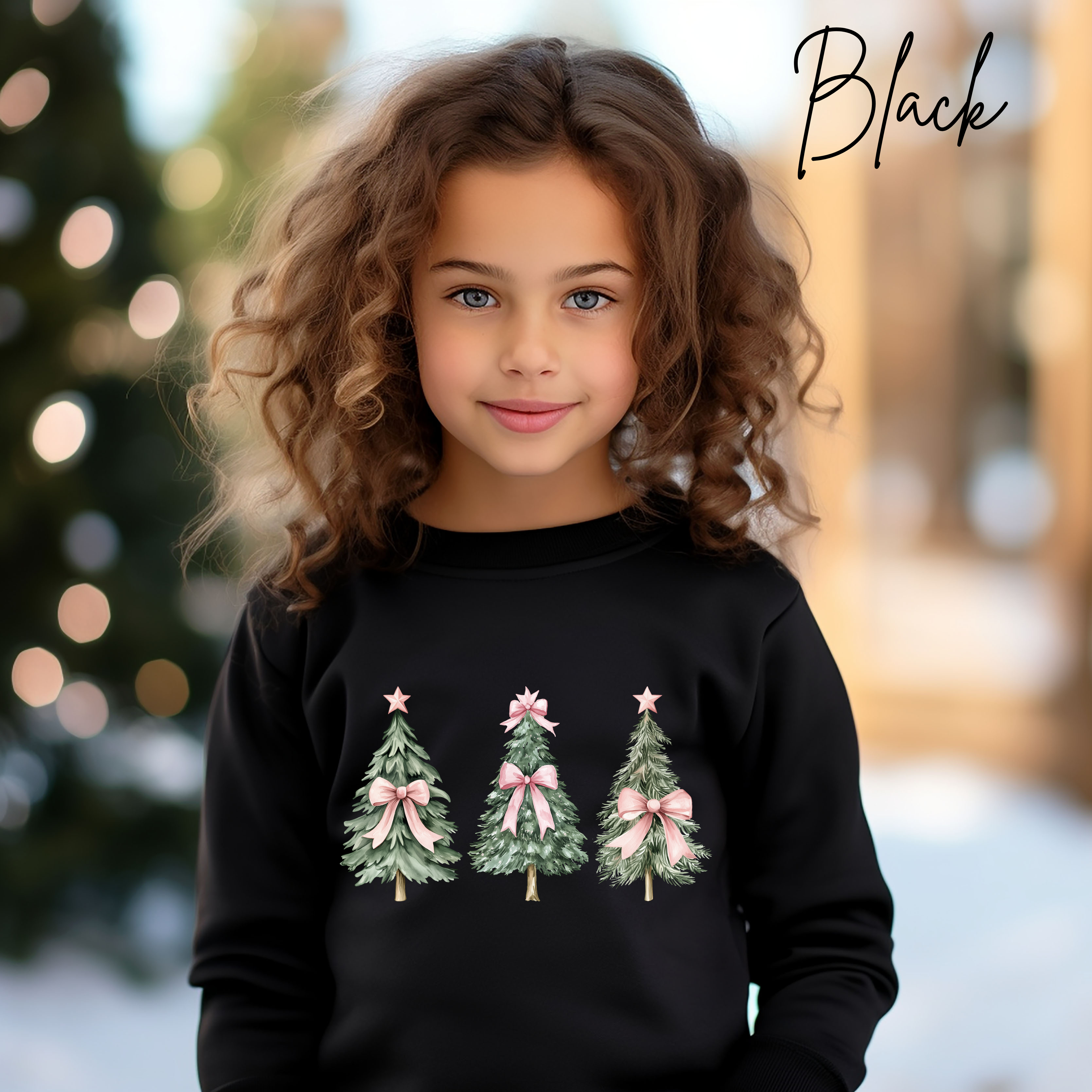 Cute Kids Christmas Sweatshirt | Christmas Tree with Coquette Bows Gildan 18000B Sweatshirt