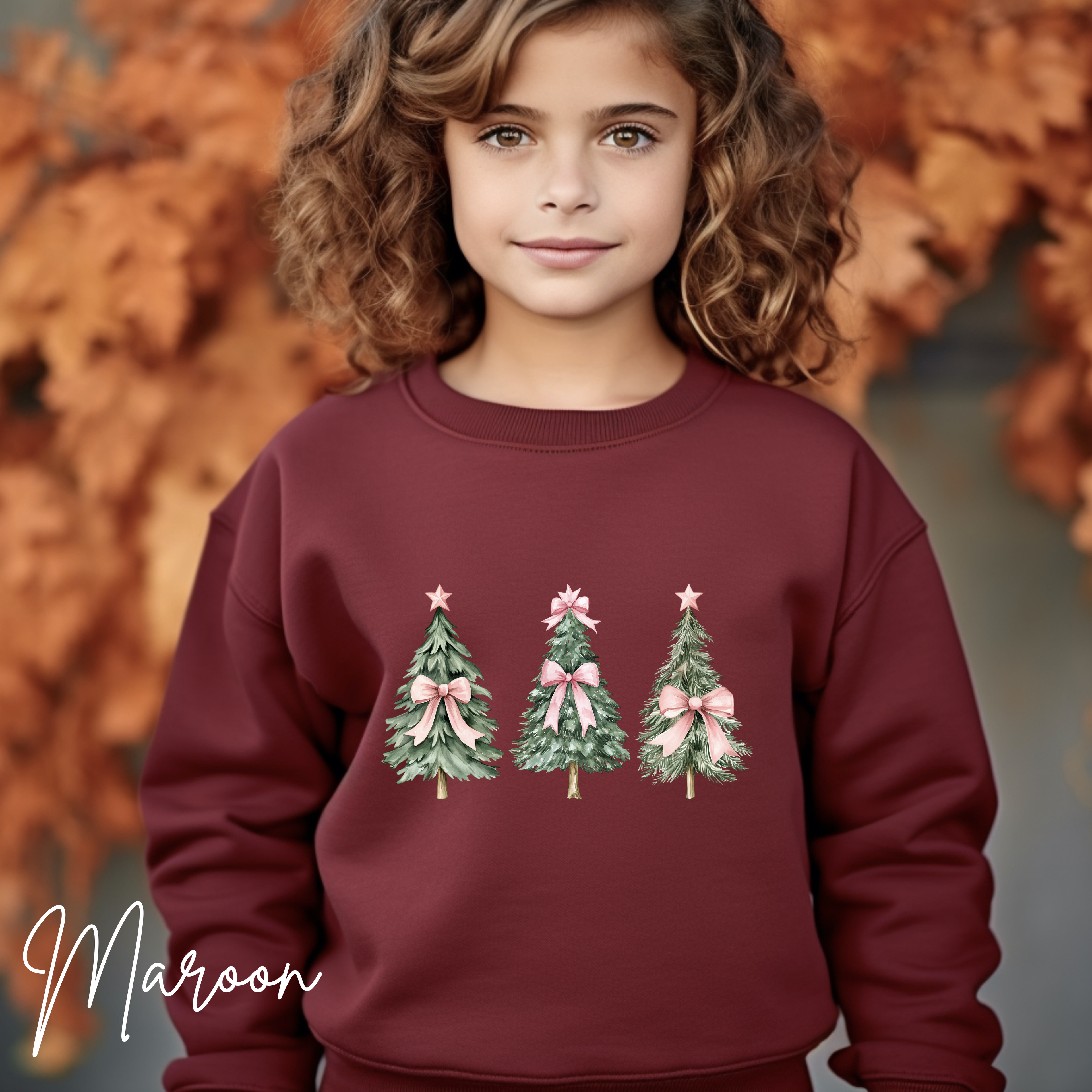 Cute Kids Christmas Sweatshirt | Christmas Tree with Coquette Bows Gildan 18000B Sweatshirt