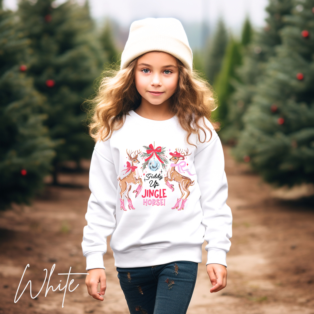 🦌🎄 Kids Giddy Up Jingle Horse Christmas Sweatshirt | Cozy Cowboy Holiday Gildan 18000B Sweatsnhirt