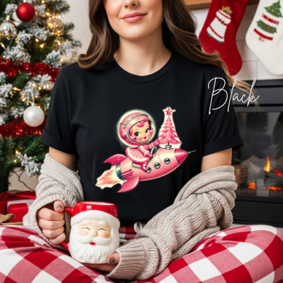 💖🚀🌸Vintage Space Girl Christmas Tee – Bella + Canvas 3001 | Retro Rocket Holiday Cutie T-Shirt 💖🚀🌸