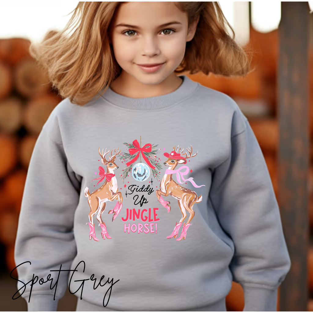 🦌🎄 Kids Giddy Up Jingle Horse Christmas Sweatshirt | Cozy Cowboy Holiday Gildan 18000B Sweatsnhirt