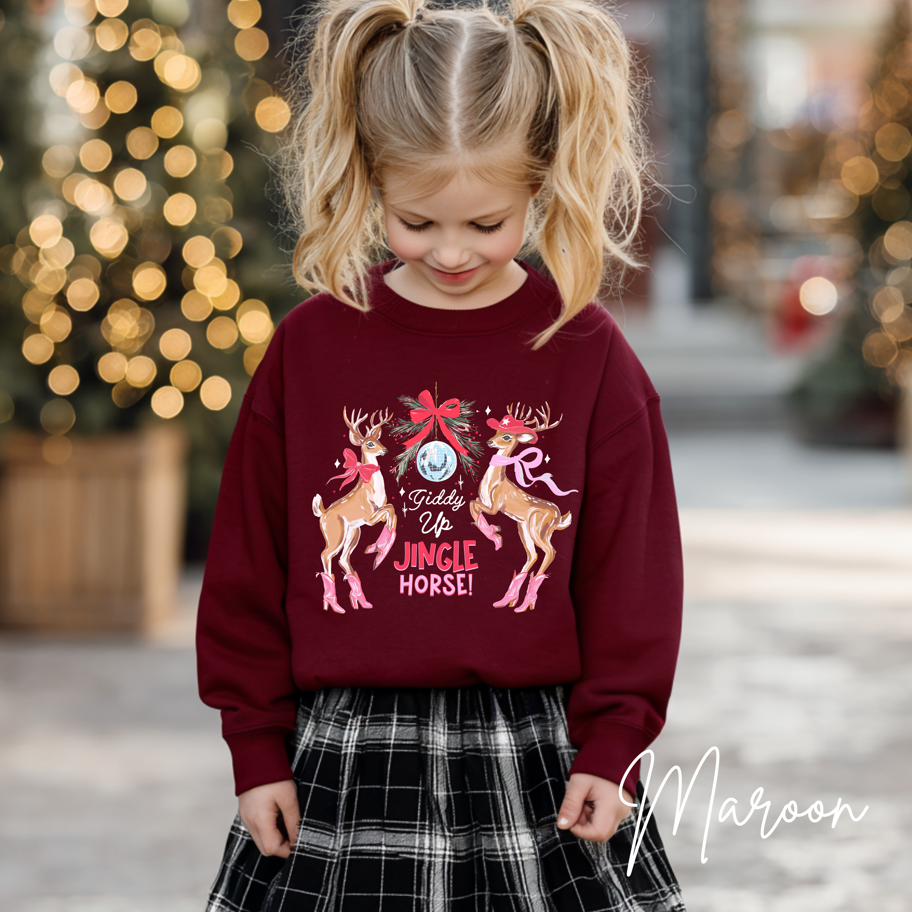 🦌🎄 Kids Giddy Up Jingle Horse Christmas Sweatshirt | Cozy Cowboy Holiday Gildan 18000B Sweatsnhirt