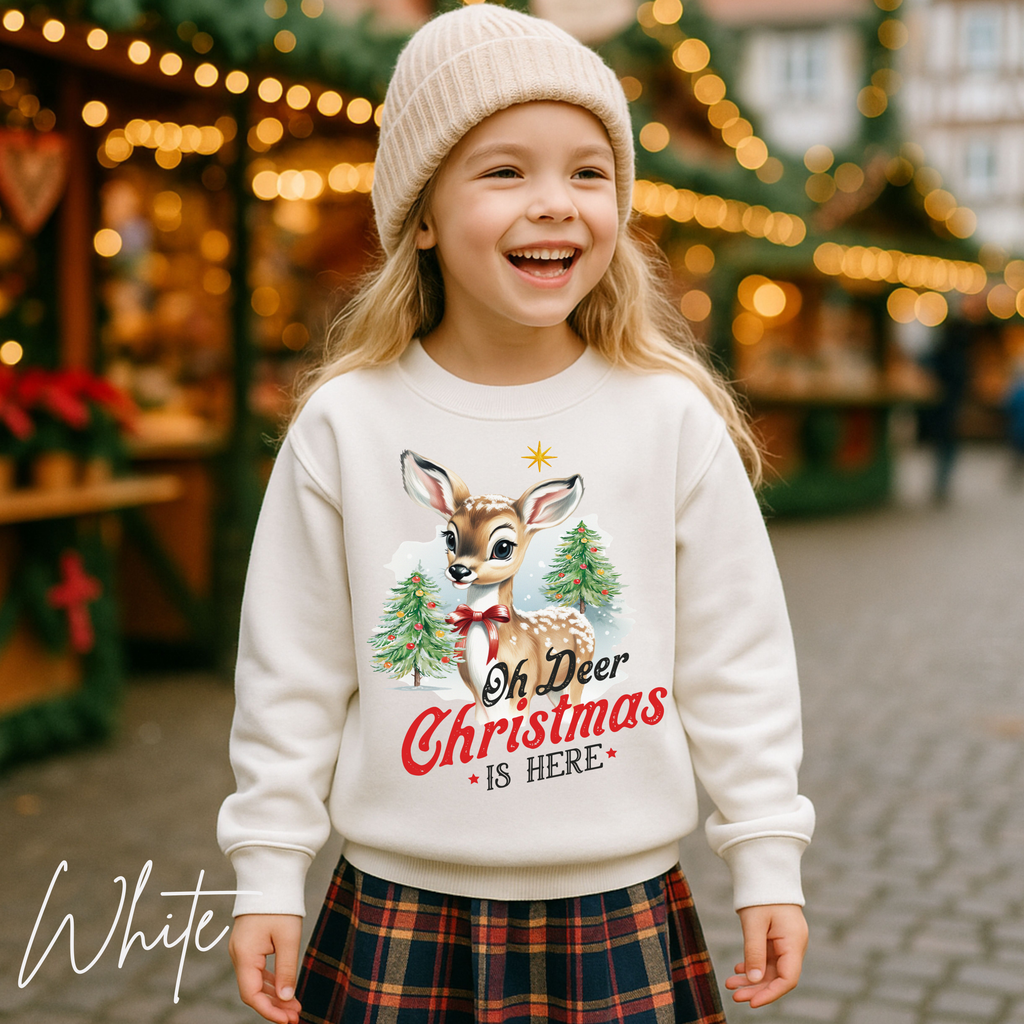 ❄️🦌 Kids "Oh Deer Christmas is Here" Vintage Snowy Deer Gildan 18000B Sweatshirt