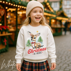 ❄️🦌 Kids "Oh Deer Christmas is Here" Vintage Snowy Deer Gildan 18000B Sweatshirt