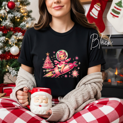 ✨🚀🎀 Retro Rocket Reindeer Girl Christmas Tee – Bella Canvas 3001 | Vintage Space Girl Holiday T-Shirt 💗🚀🎀