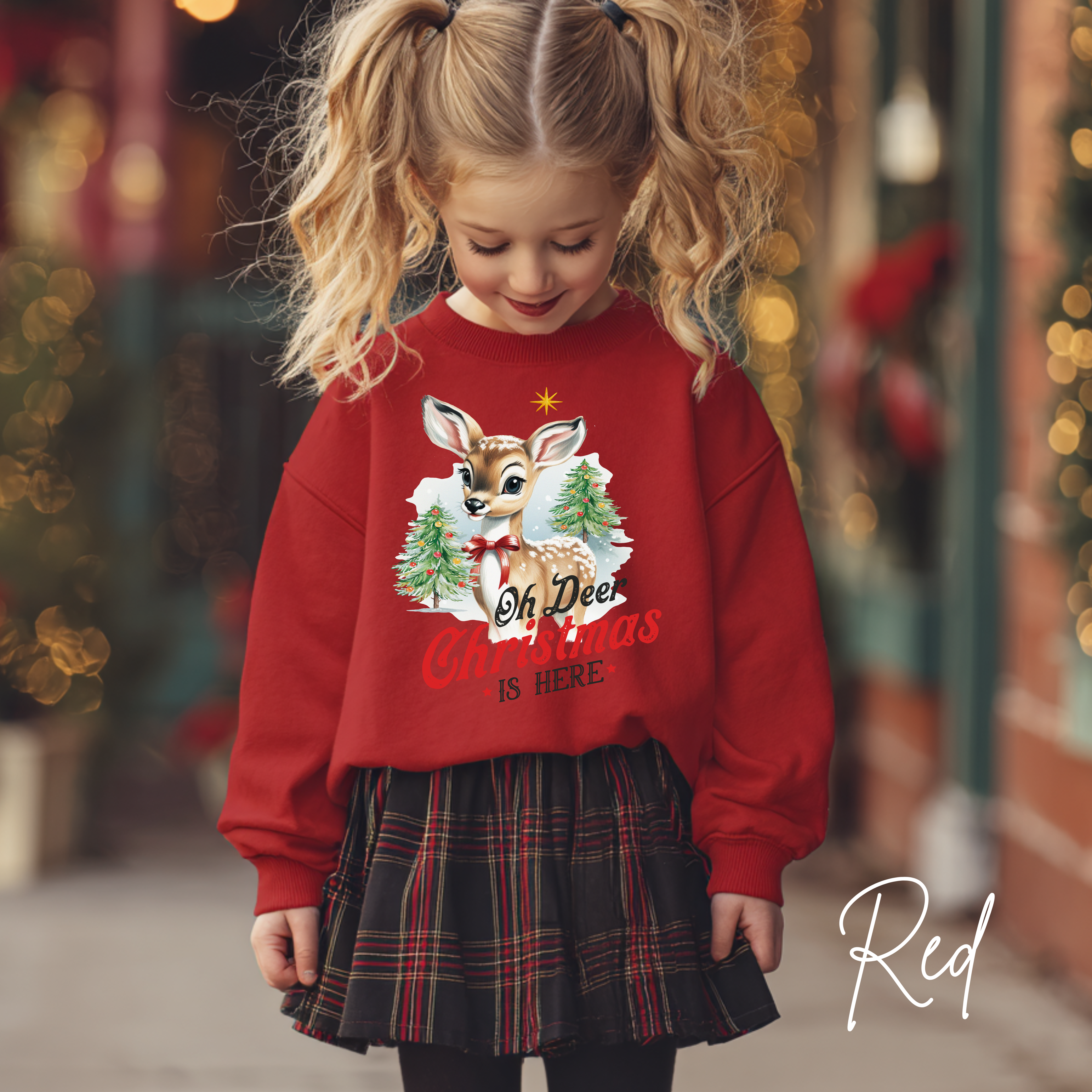 ❄️🦌 Kids "Oh Deer Christmas is Here" Vintage Snowy Deer Gildan 18000B Sweatshirt