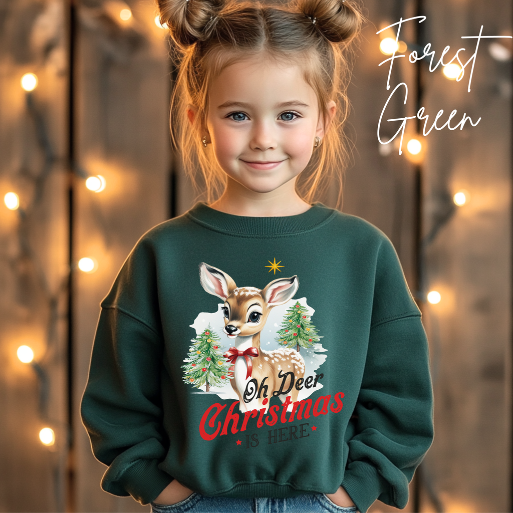 ❄️🦌 Kids "Oh Deer Christmas is Here" Vintage Snowy Deer Gildan 18000B Sweatshirt