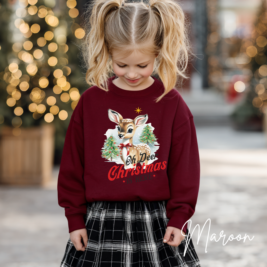 ❄️🦌 Kids "Oh Deer Christmas is Here" Vintage Snowy Deer Gildan 18000B Sweatshirt
