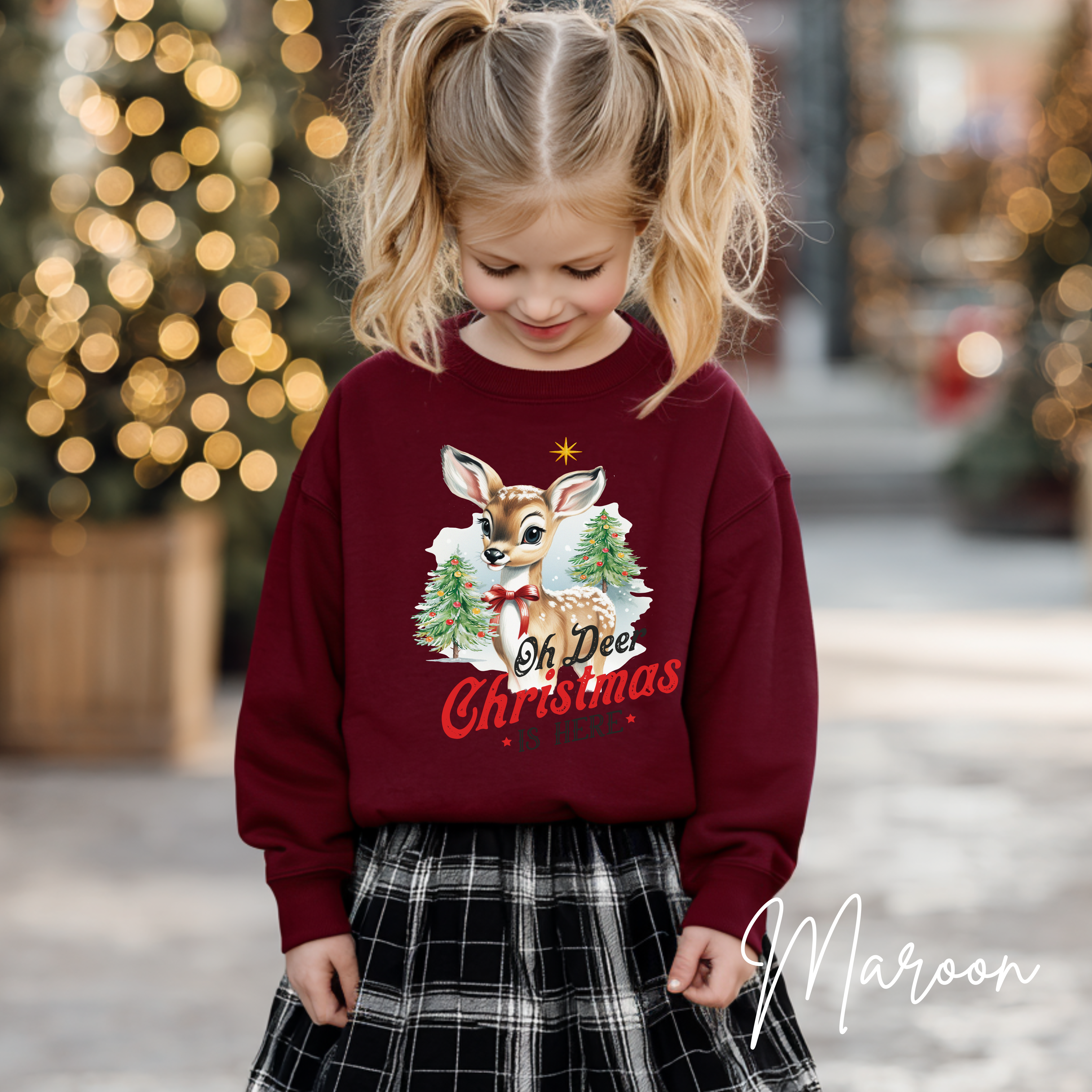 ❄️🦌 Kids "Oh Deer Christmas is Here" Vintage Snowy Deer Gildan 18000B Sweatshirt