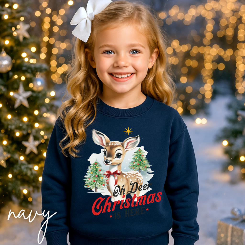 ❄️🦌 Kids "Oh Deer Christmas is Here" Vintage Snowy Deer Gildan 18000B Sweatshirt