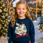 ❄️🦌 Kids "Oh Deer Christmas is Here" Vintage Snowy Deer Gildan 18000B Sweatshirt