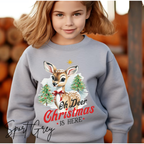 ❄️🦌 Kids "Oh Deer Christmas is Here" Vintage Snowy Deer Gildan 18000B Sweatshirt