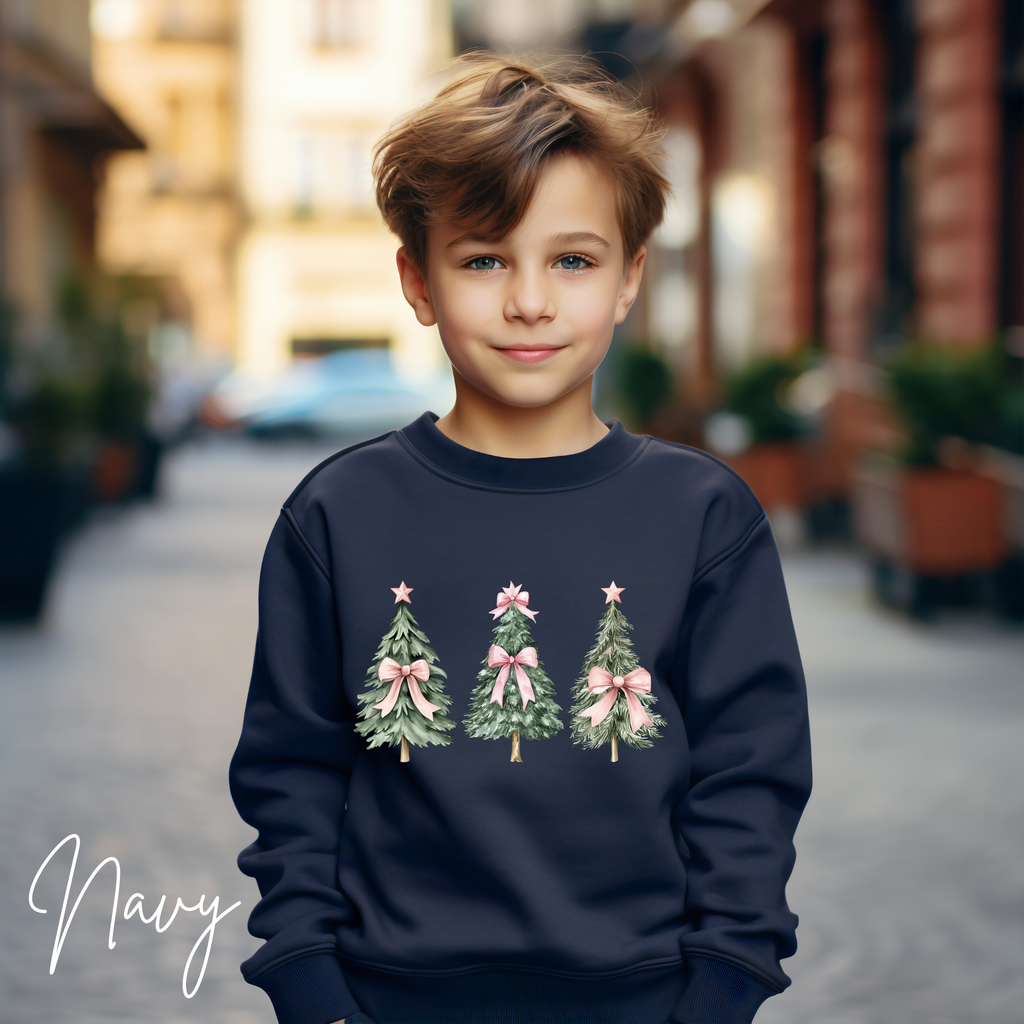 Cute Kids Christmas Sweatshirt | Christmas Tree with Coquette Bows Gildan 18000B Sweatshirt