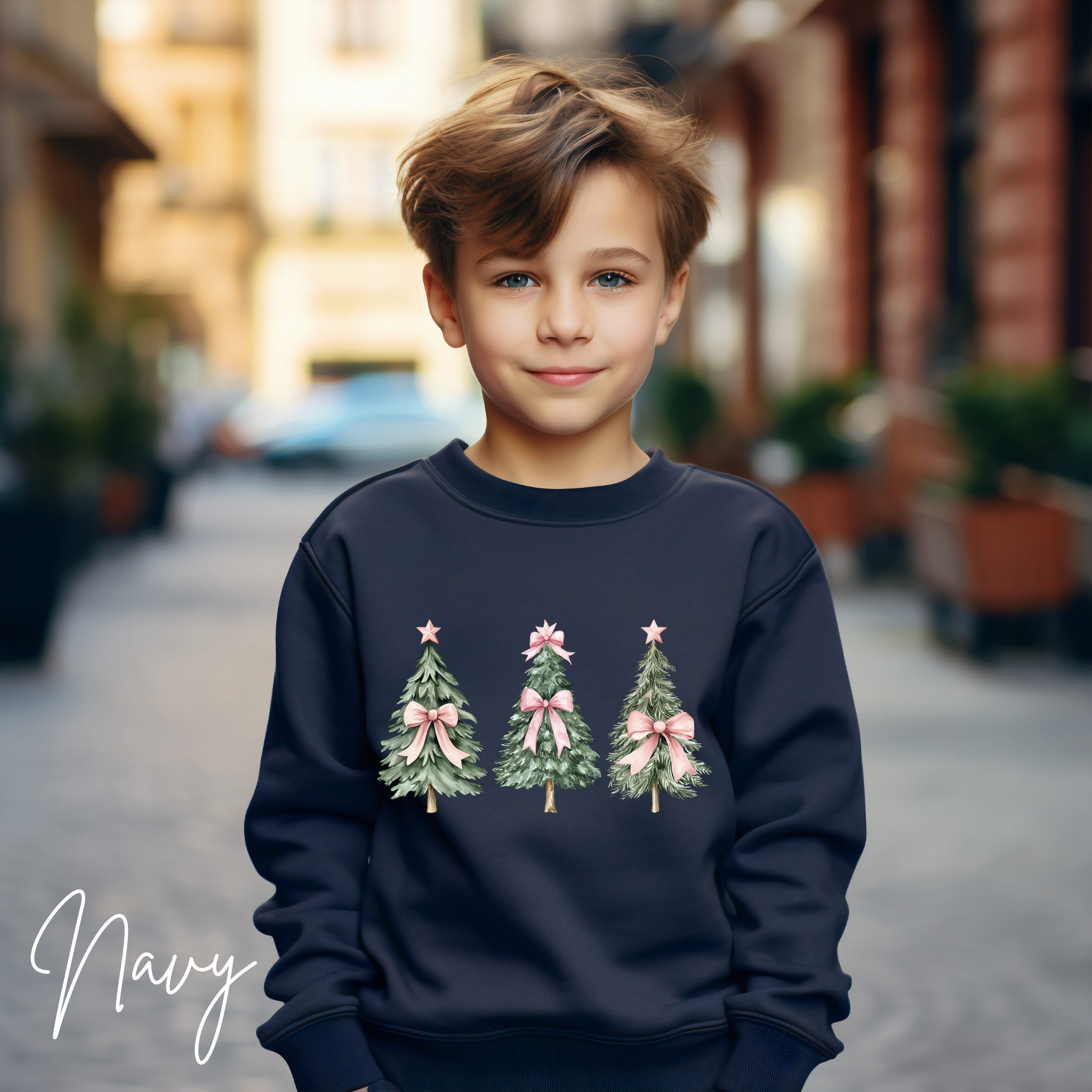 Cute Kids Christmas Sweatshirt | Christmas Tree with Coquette Bows Gildan 18000B Sweatshirt