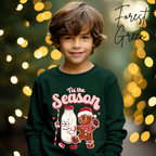 ’Tis the Season Kids Christmas Sweatshirt 🍪 | Retro Gingerbread & Milk Holiday  Gildan 18000B Sweatshirt