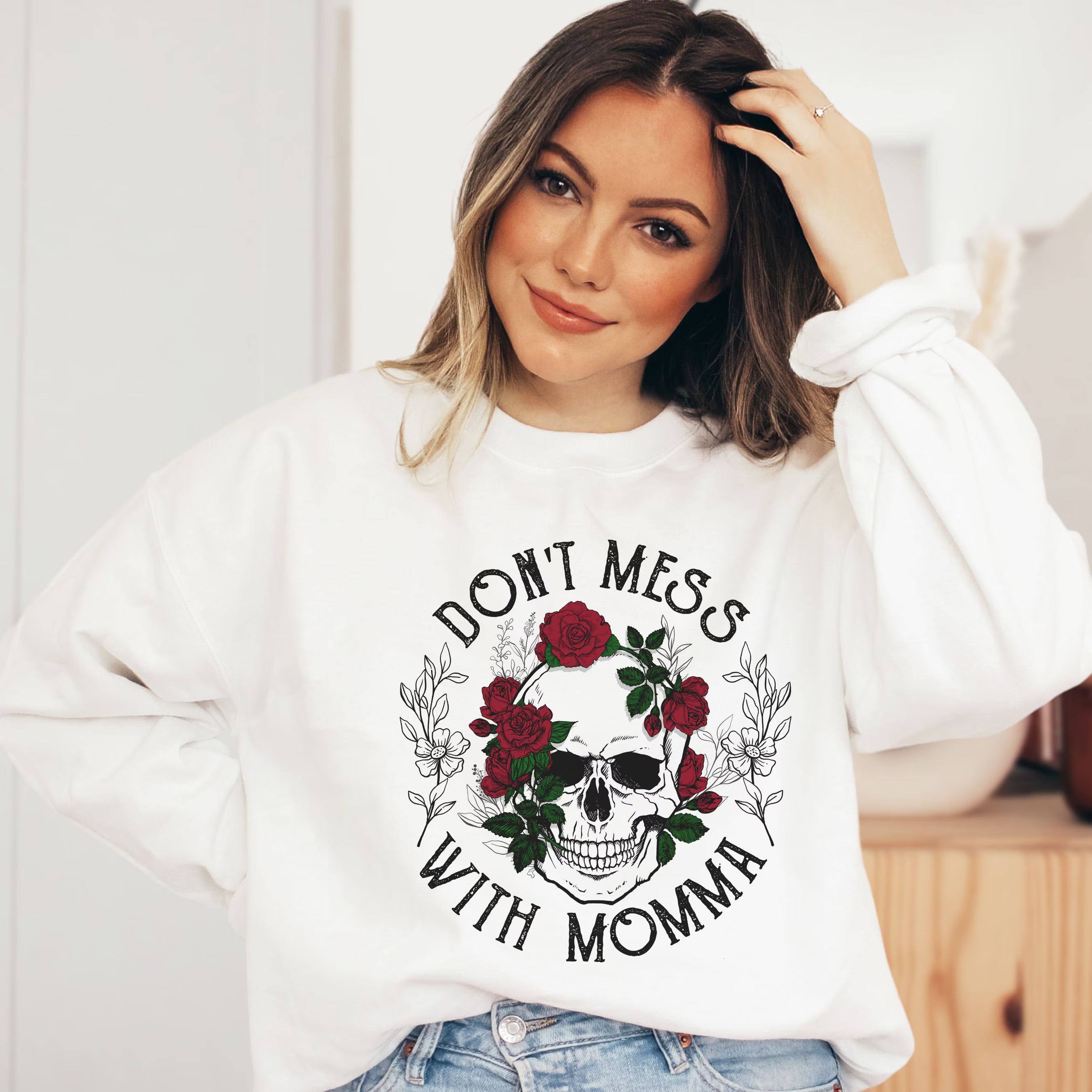 Skull and Rose Mom Sweatshirt | Don’t Mess With Momma Graphic Gildan 18000 Sweatshirt