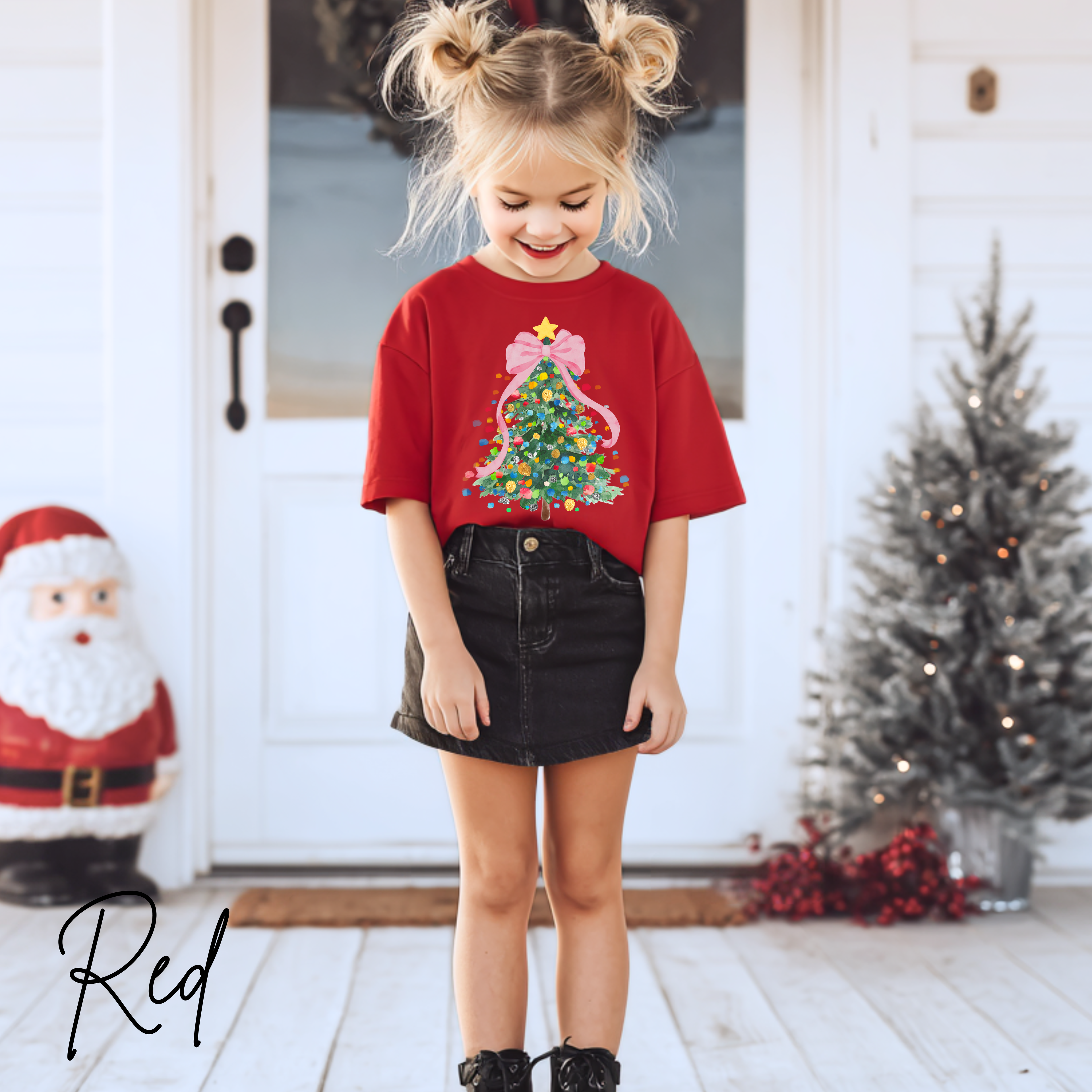 Pastel Watercolor Christmas Tree Kids T-Shirt | Coquette Bow Holiday Tee