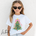 Pastel Watercolor Christmas Tree Kids T-Shirt | Coquette Bow Holiday Tee
