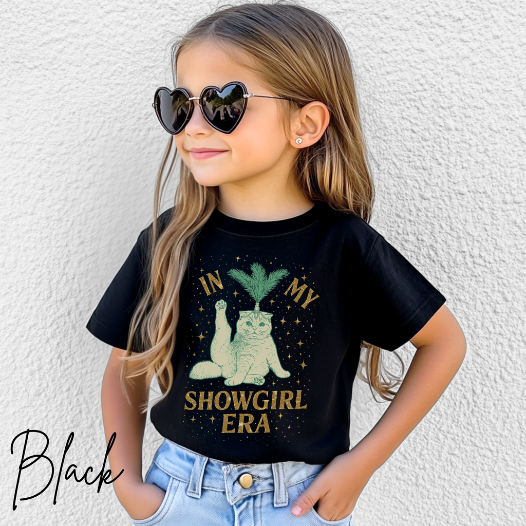🎀✨ In My Showgirl Era Kids T-Shirt – Cute Cat Showgirl Costume Graphic Tee 🐱💖 Sparkly Dress-Up Aesthetic Bella Canvas 3001Y Tee