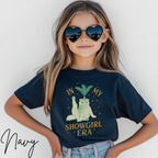🎀✨ In My Showgirl Era Kids T-Shirt – Cute Cat Showgirl Costume Graphic Tee 🐱💖 Sparkly Dress-Up Aesthetic Bella Canvas 3001Y Tee